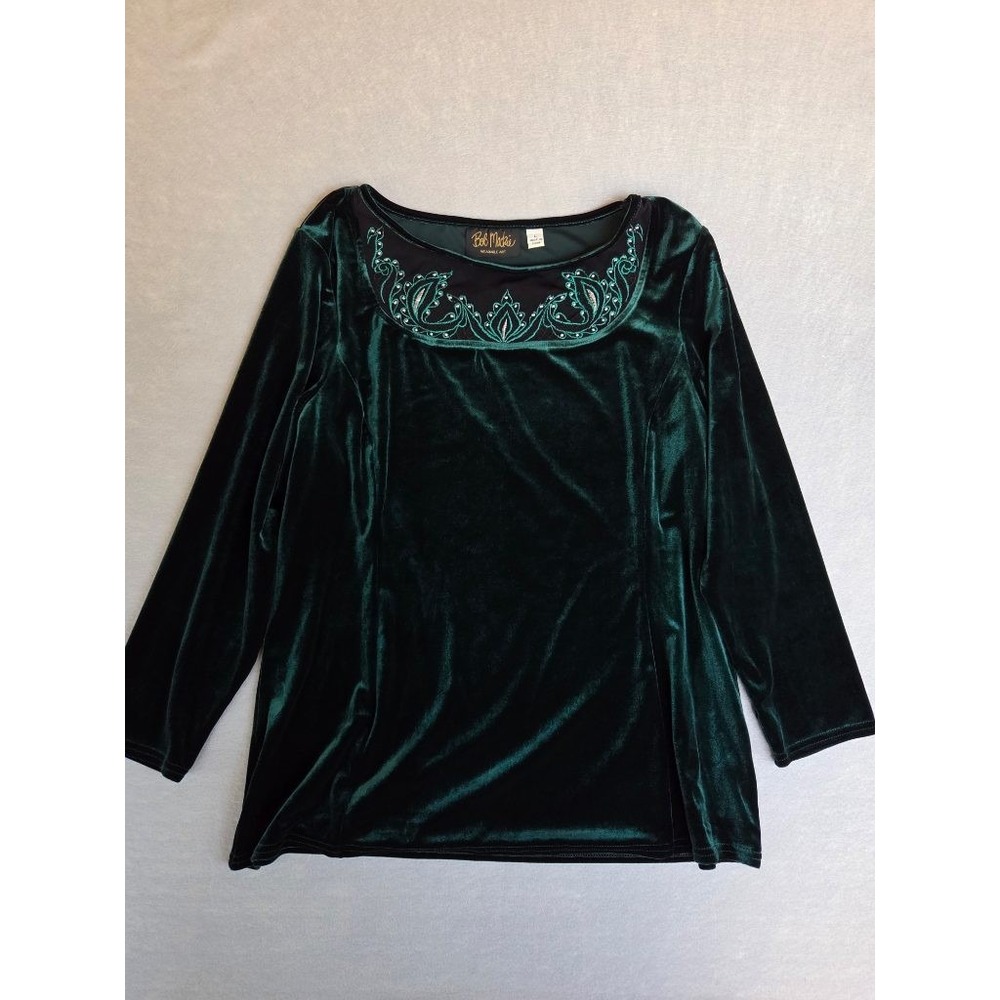Bob Mackie Wearable Art Green Velvet Top L Embroidered Mesh Whimsigoth Holiday